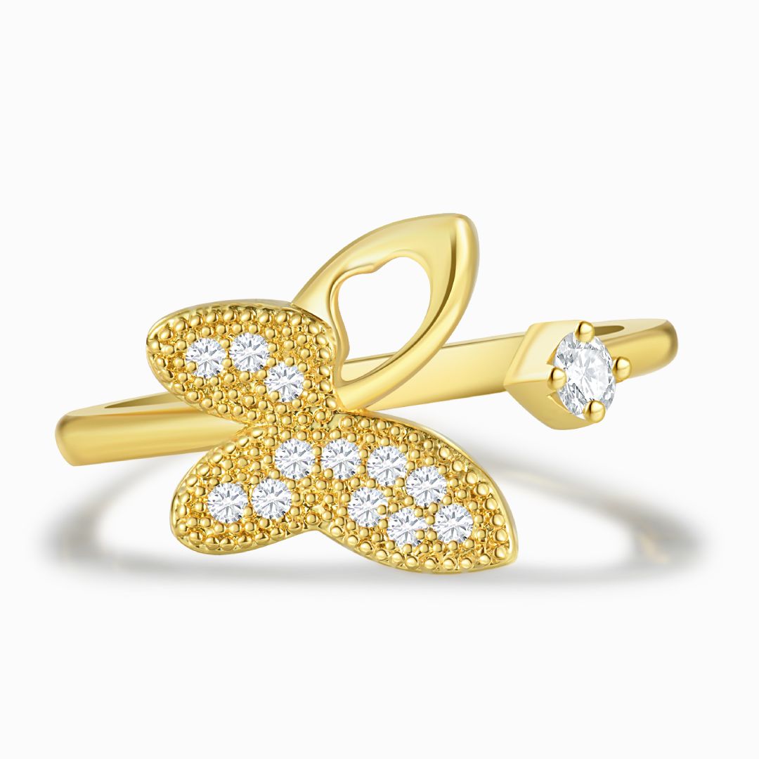 Diamond Studded Butterfly Adjustable Ring in a white background